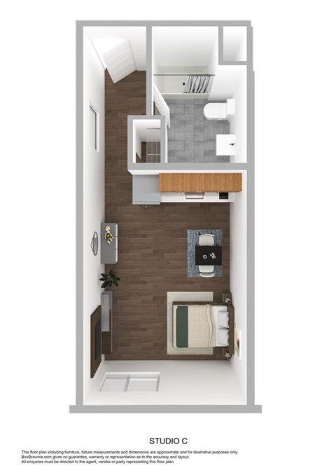 A floor plan of Studio C is shown with a kitchen, living room, and bathroom.